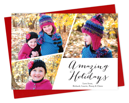 Customizable paper holiday card showcasing 3 photos cropped at angles, Amazing Holidays" text and a personal greeting, framed by a white background. Shown with a red envelope.