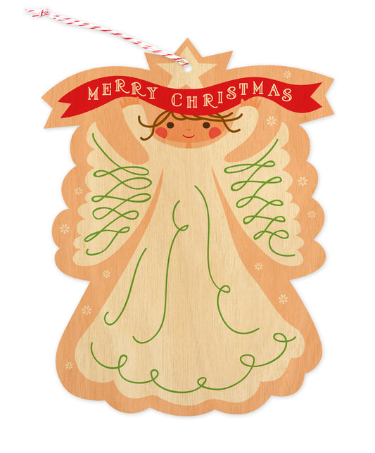 Front of paper holiday ornament card featuring a sweet, traditional angel holding a festive "Merry Christmas" banner on a printed birch wood background.