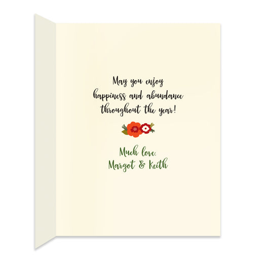 Inside of folded holiday card with coordinating floral design and personal greeting.