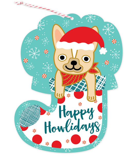 Front of die-cut wood holiday ornament card featuring a dog in a festive stocking with "Happy Howlidays" text.