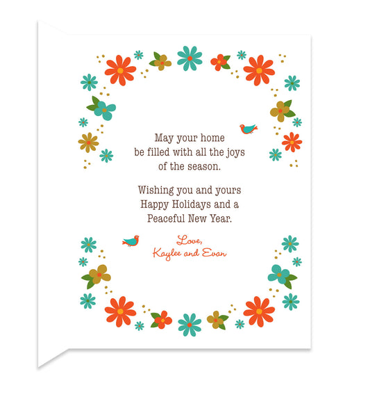 Inside of folded holiday card with coordinating floral design and a personal message.