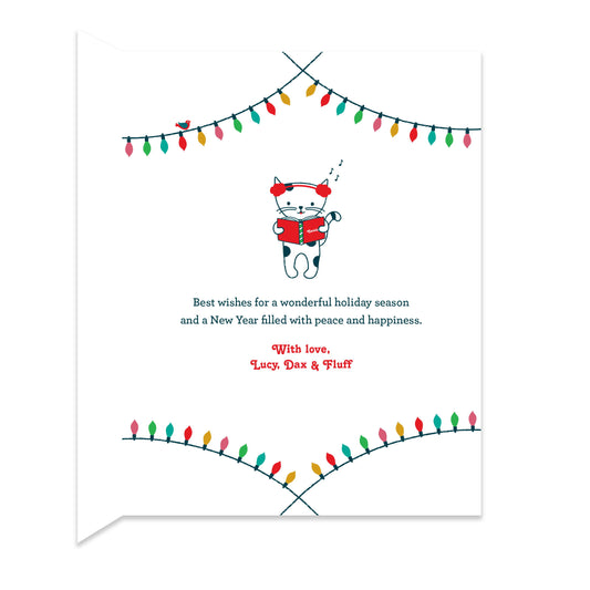 Inside of folded holiday card with coordinating caroling cat and Christmas tree lights design and a personal greeting.