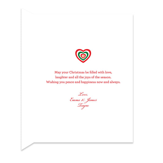 Inside of folded holiday card with coordinating heart design and personal greeting.