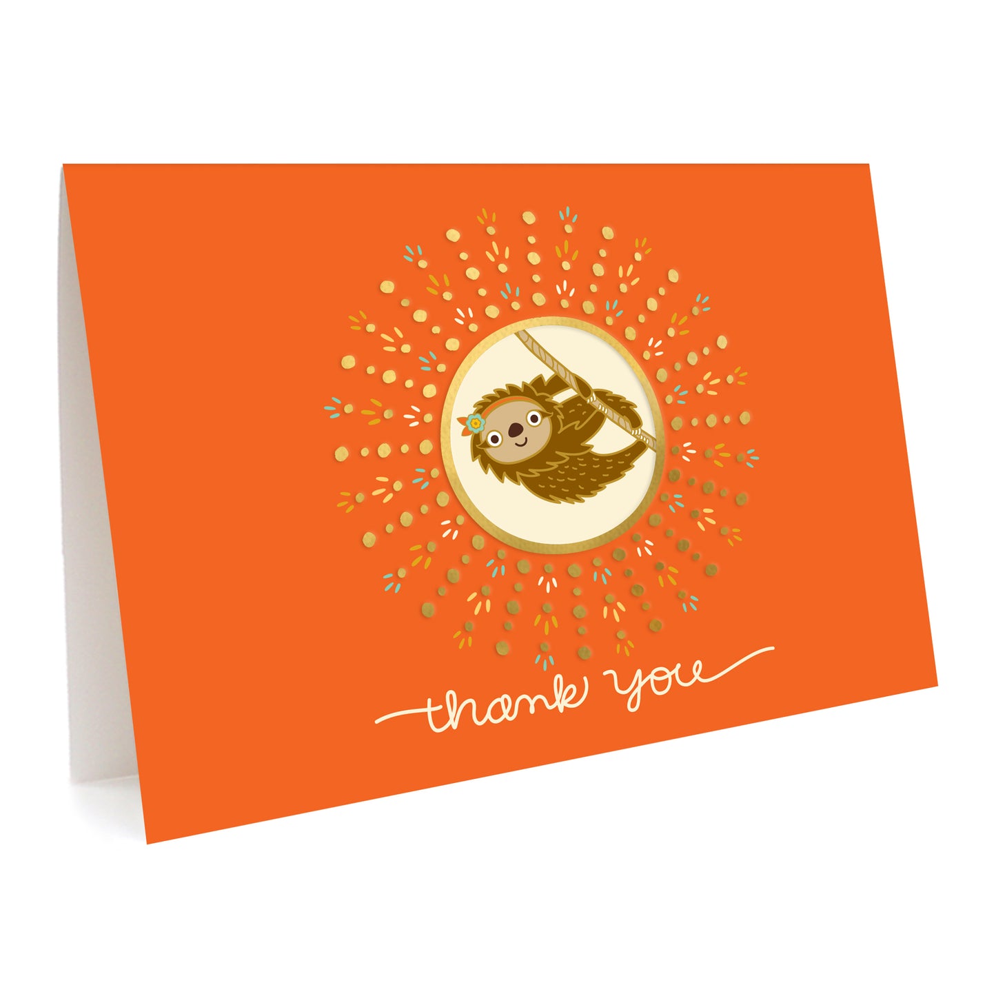 Orange greeting card with a playful sloth illustration and gold foil accents. Text reads 'Thank You'.