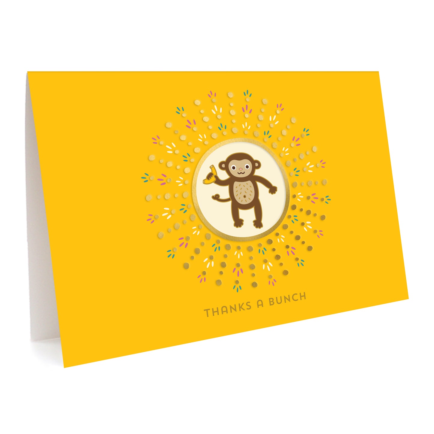 Yellow folded greeting card with a monkey illustration and gold foil accents. Text reads 'Thanks a Bunch'.