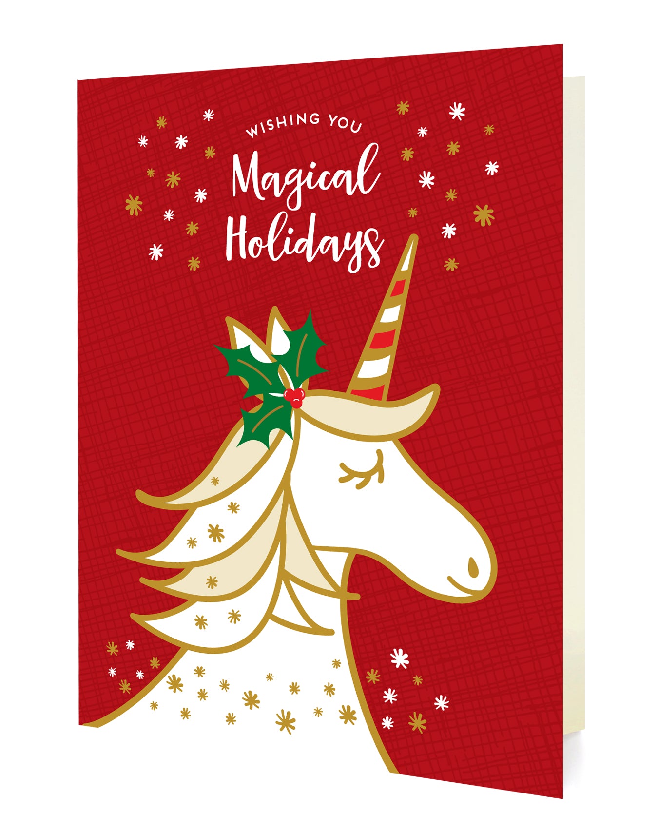 Folded Christmas card with a unicorn design and 'Wishing you Magical Holidays' text on a red background