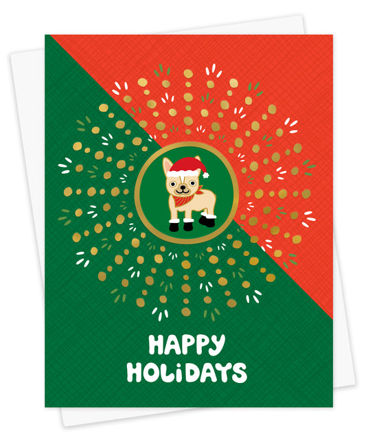 Christmas card with an illustration of a french bulldog wearing a santa hat and boots on a red and green background. Text reads 'Happy Holidays'
