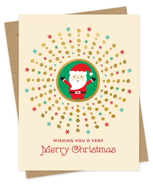 Christmas card with Santa Claus illustration, gold foil details and festive text on a soft white background with kraft envelope