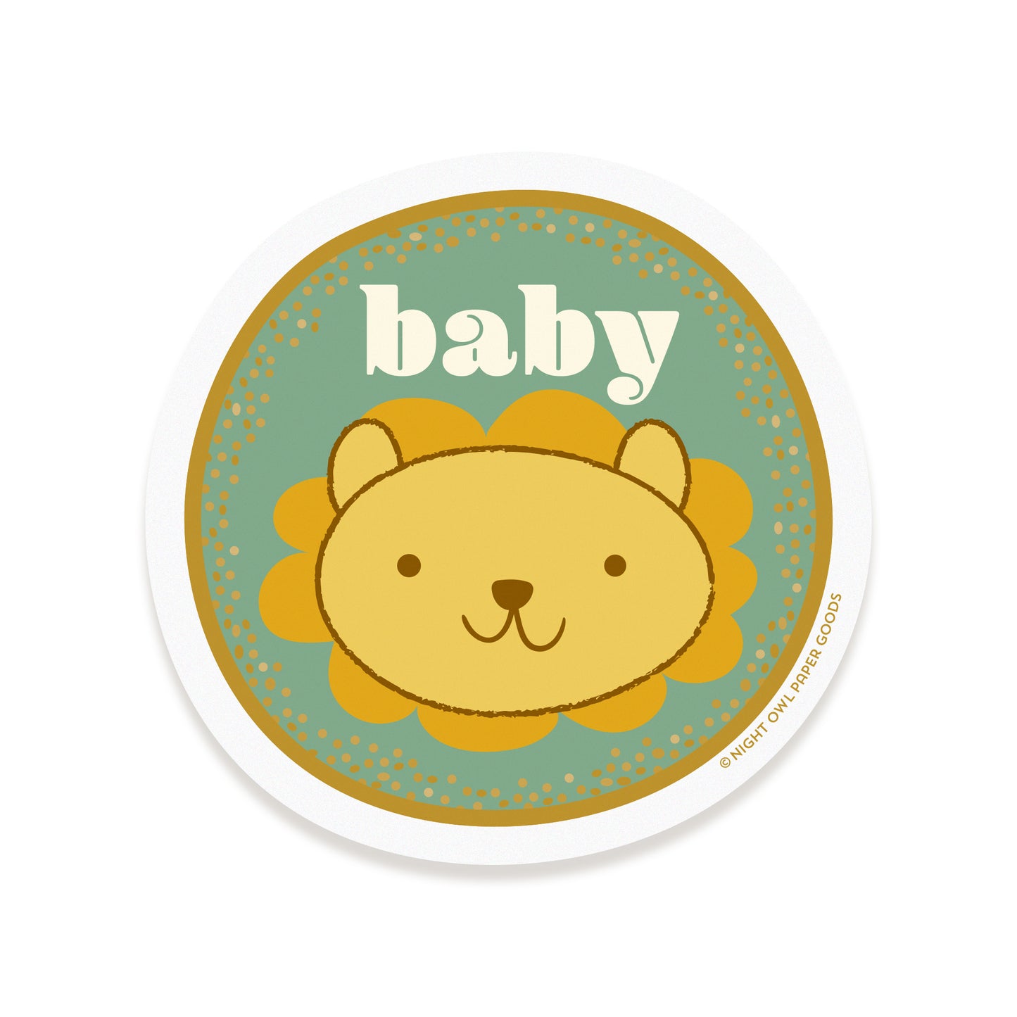 Round sticker with a lion illustration and 'baby' text on a blue-green background.