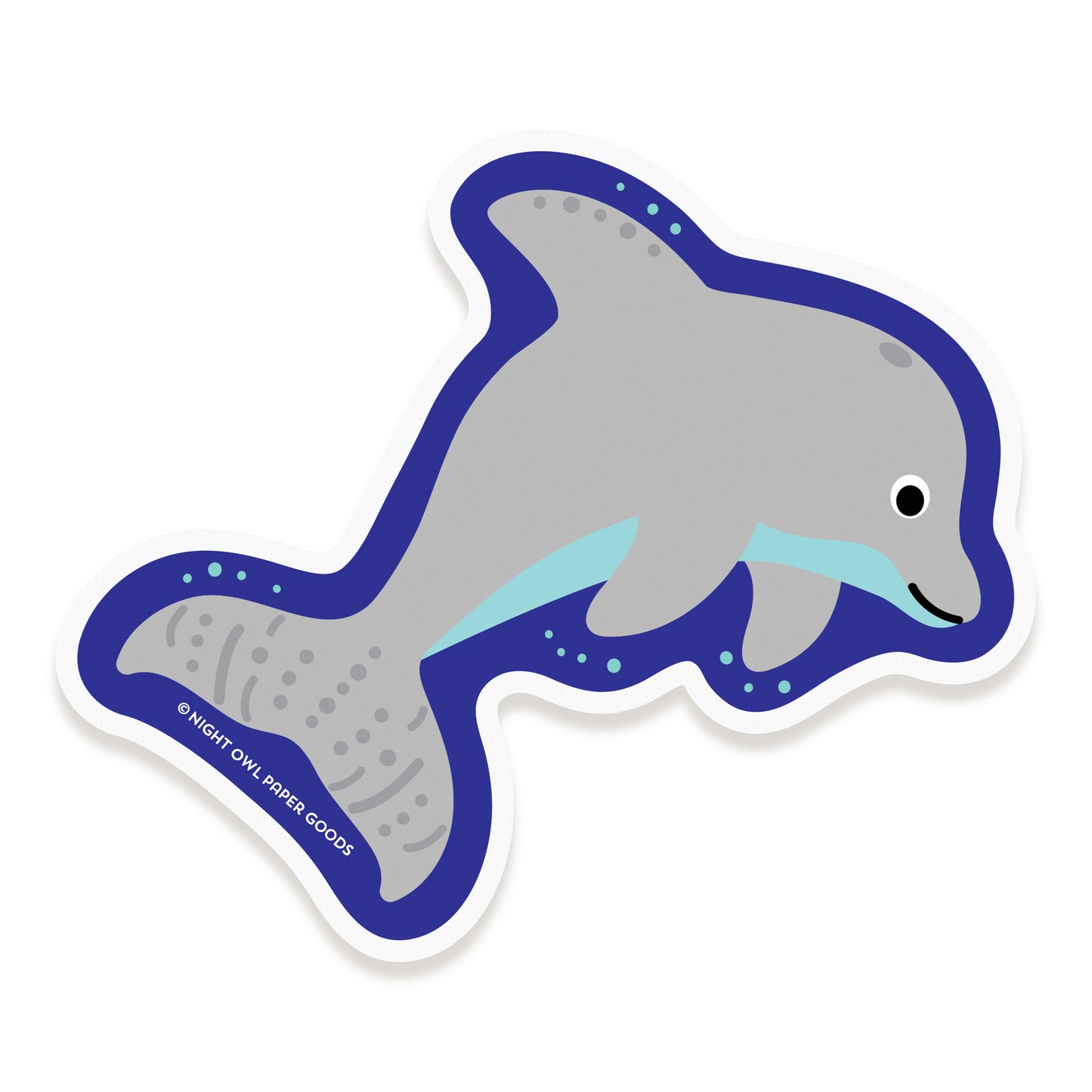 Vinyl sticker of a grey dolphin with a blue outline.