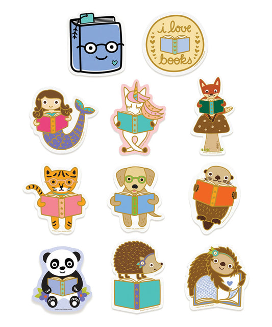 11 book lover stickers, including a reading golden retriever, a reading sloth, a reading unicorn, a reading otter, a hedgehog standing on a book, an otter holding a book, a reading tiger, a mermaid holding a book, a reading panda bear, a happy book wearing glasses and a round sticker that features an open book and "I love books" text.