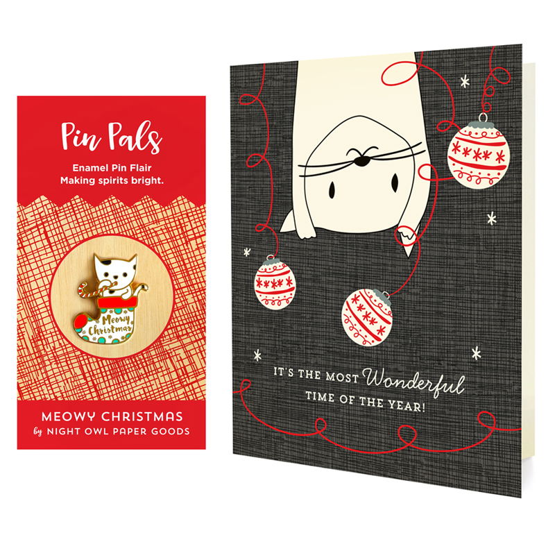 Photo of Meowy Christmas Holiday Cards & Enamel Pin Set