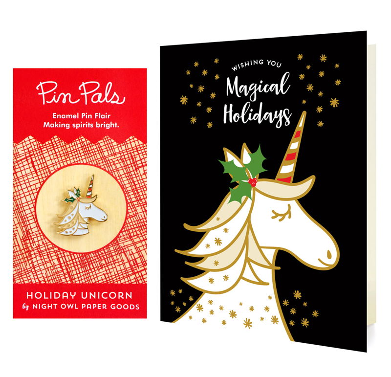 Photo of Magical Unicorn Black Holiday Cards & Enamel Pin Set