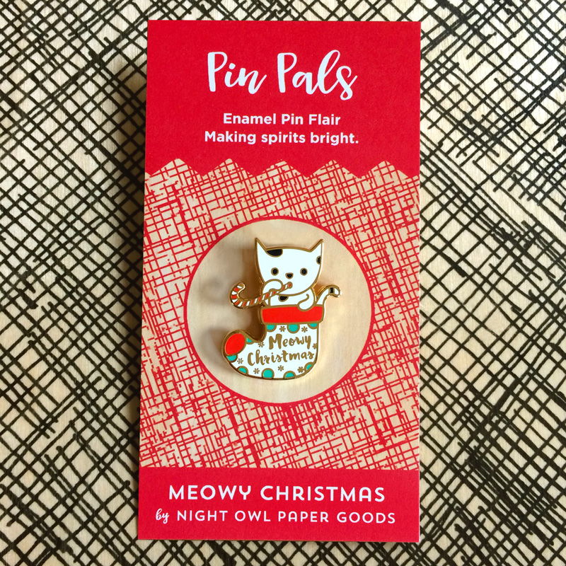 Photo of Kitty Stocking Wood Ornament Cards & Enamel Pin Set