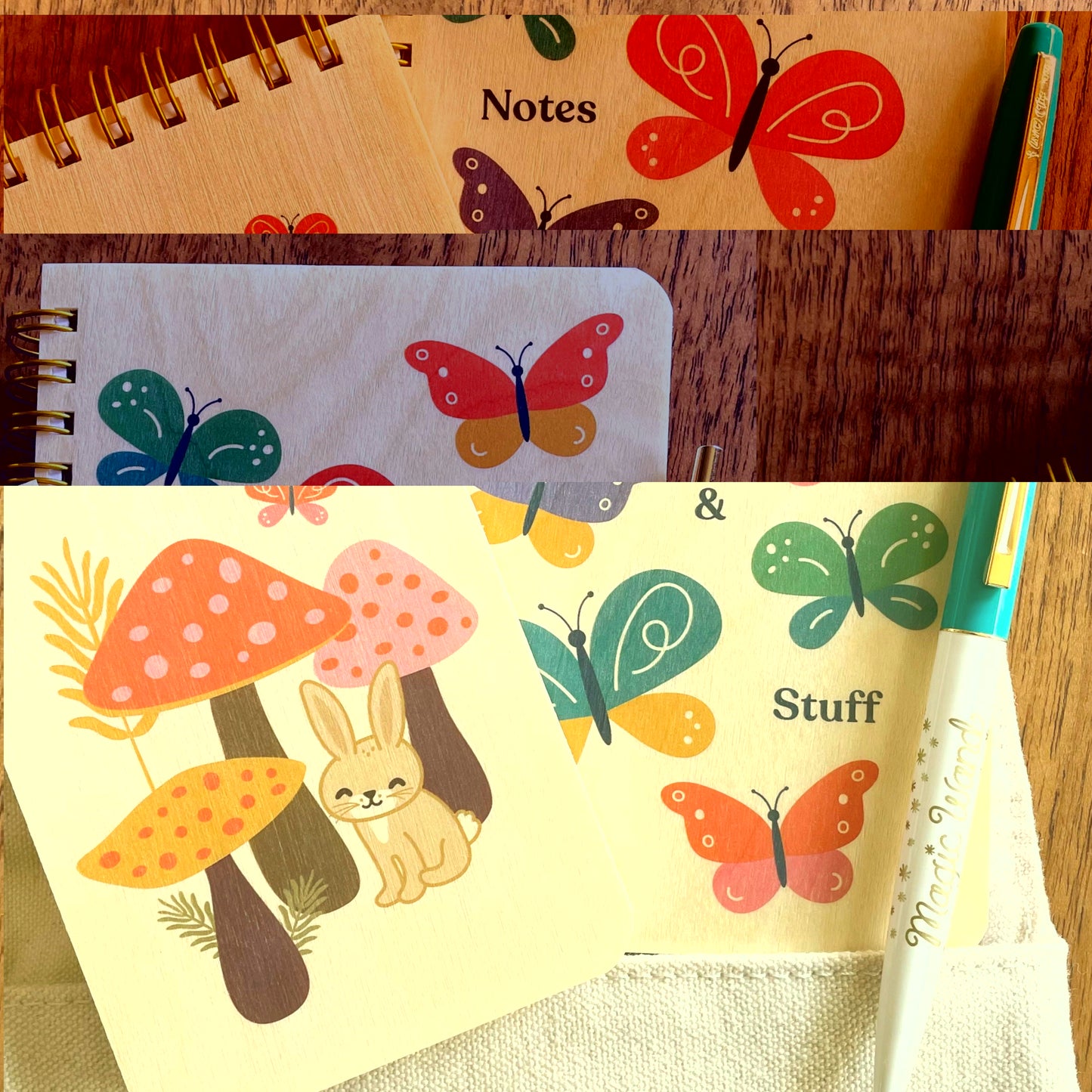 Butterfly Notes wood notebook, Rabbit wood mini notebook and Magic Wand ballpoint pen