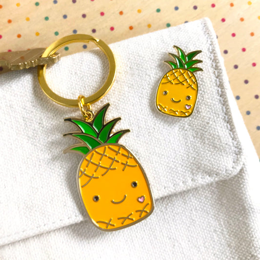 Happy Pineapple enamel keychain and Pineapple enamel pin