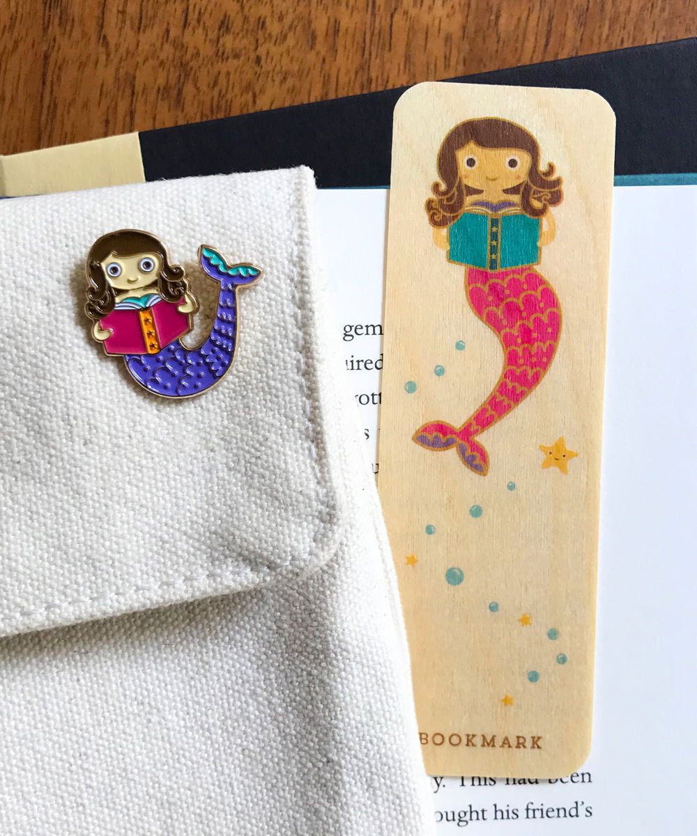 Mermaid Tales Book Buddies wood mini bookmark + pin gift set