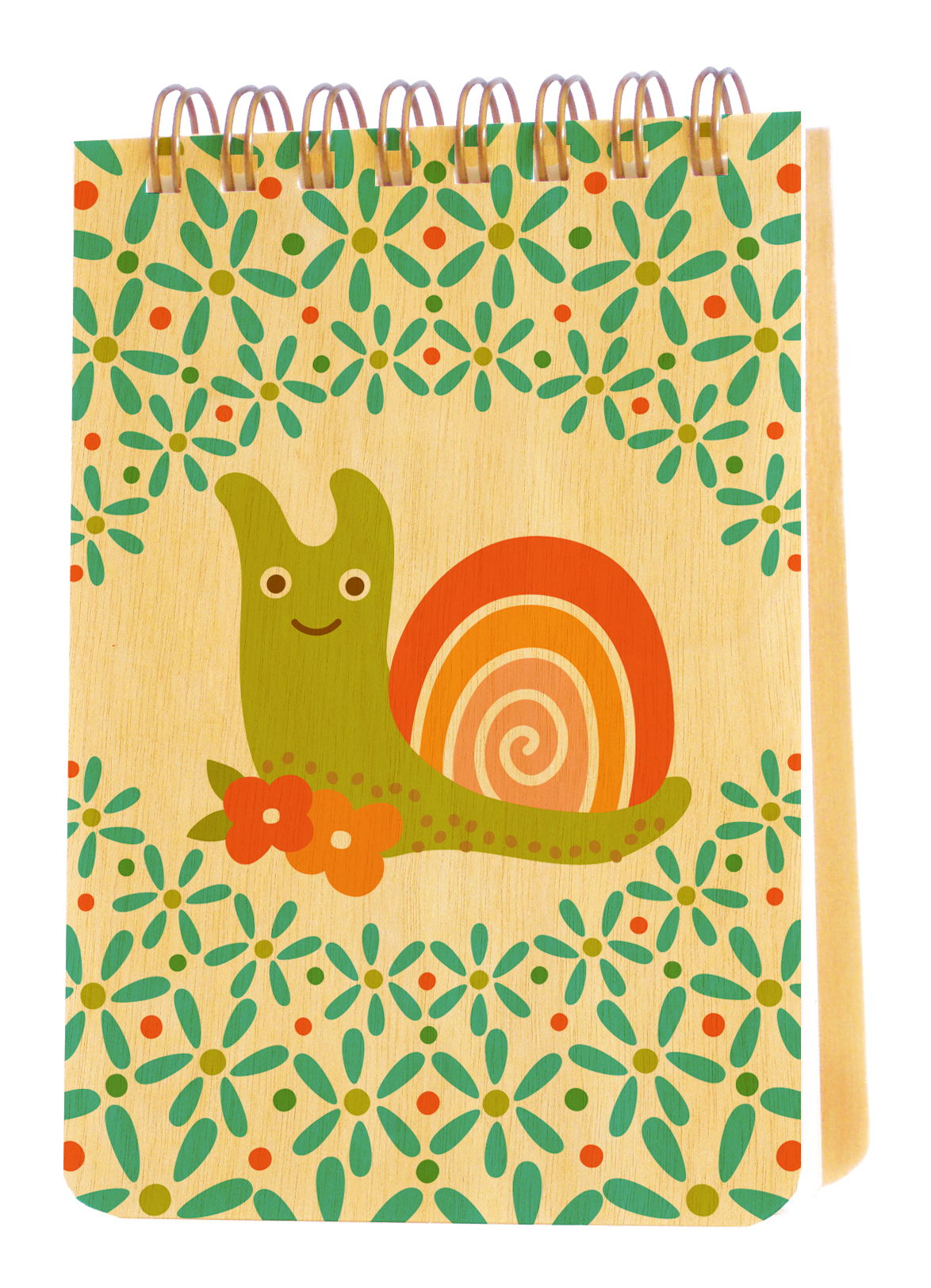 Spiral-bound wood mini notepad with birch wood covers featuring a smiling green snail with a swirly orange, peach and pink shell surrounded by a bold retro floral pattern.