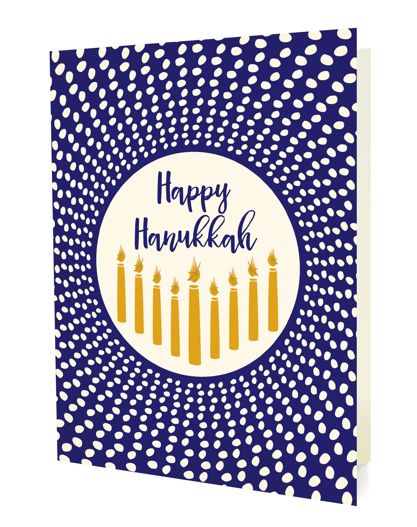 Front of folded Hanukkah card featuring an elegant gold menorah on a vibrant blue and white background with “Happy Hanukkah” text.