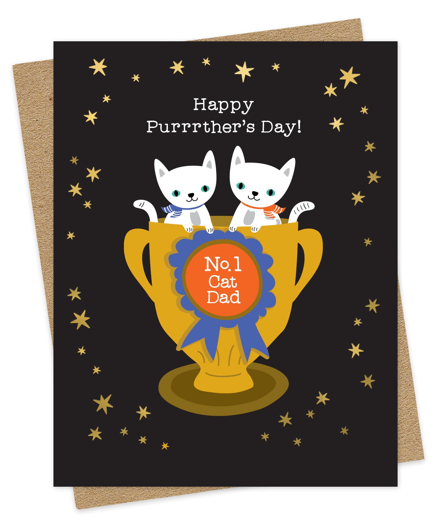 Father's Day card with two cats on a trophy with "Happy Purrther's Day! No 1 Cat Dad"' message and gold foil stars on a black background. Shown with a kraft envelope.