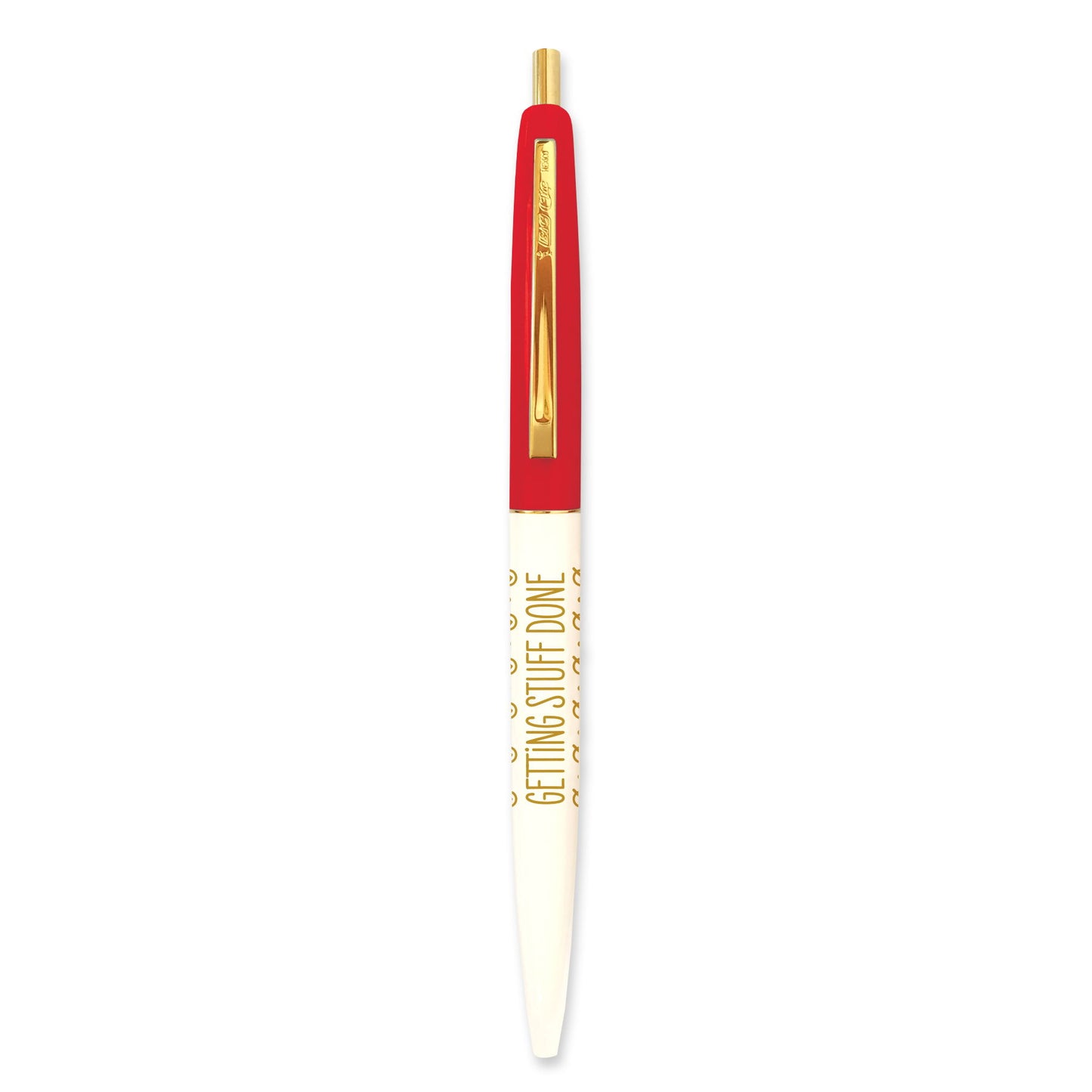 Red and white ballpoint pen with gold accents and gold "Getting Stuff Done" text.