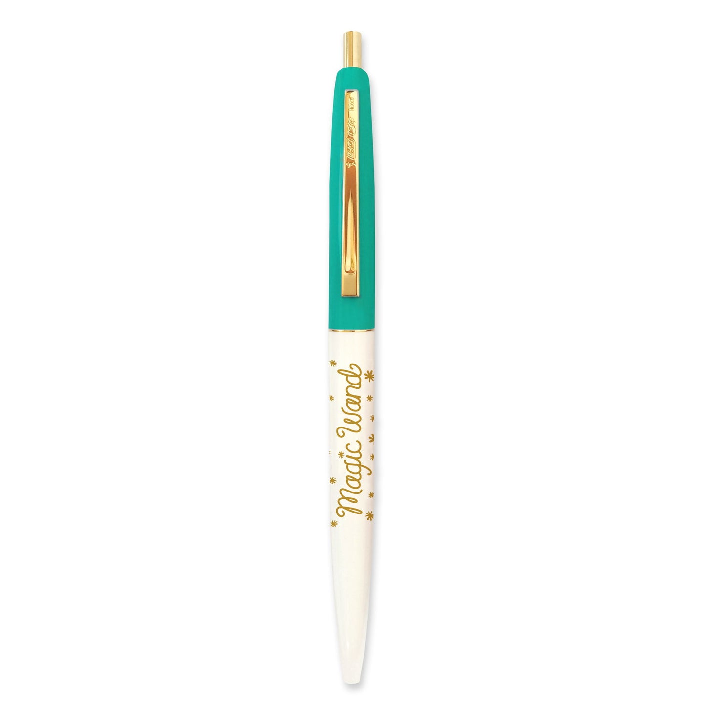Aqua and white ballpoint pen with gold accents and gold "Magic Wand" text.