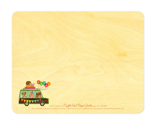 Back of wood card, which is predominantly blank for a handwritten personal greeting. Along the bottom is a small version of the front design, the company logo and text that reads "eco-friendly sustainably harvested wood - made in the usa - birmingham, owlabama - nightowlpapergoods.com"