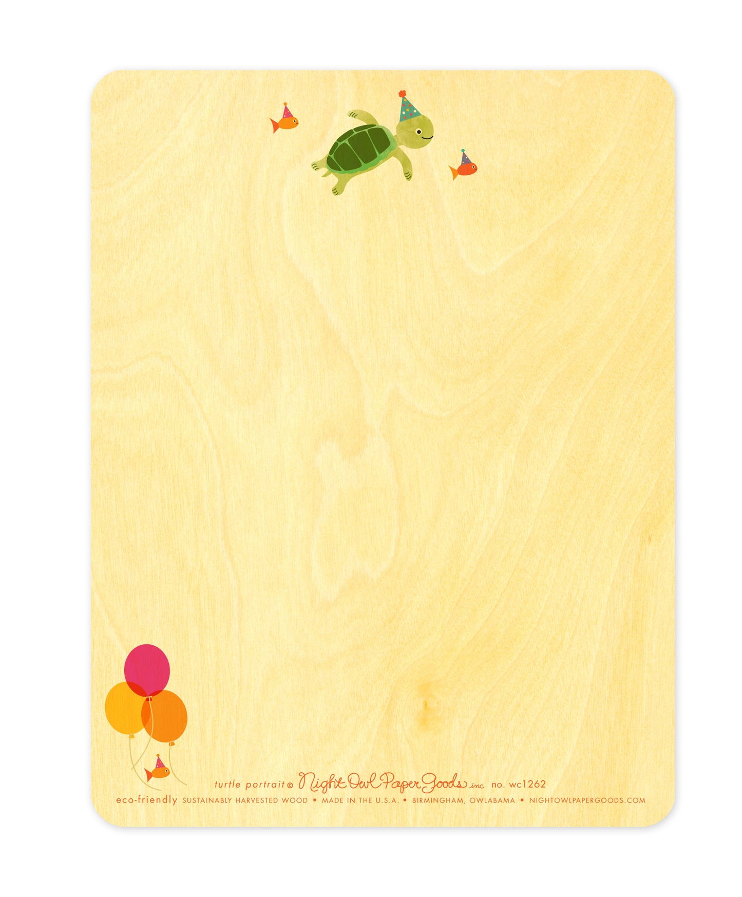 Back of Turtle Portrait wood birthday card, which features a small version of the front design at the top and plenty of space to write a personal greeting. Along the bottom is the company logo and text that reads "eco-friendly sustainably harvested wood - made in the usa - birmingham, owlabama - nightowlpapergoods.com"
