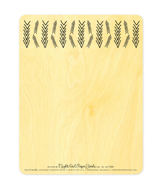 Back of Arrows wood birthday card, which features a small version of the front design at the top and plenty of space to write a personal greeting. Along the bottom is the company logo and text that reads "eco-friendly sustainably harvested wood - made in the usa - birmingham, owlabama - nightowlpapergoods.com"