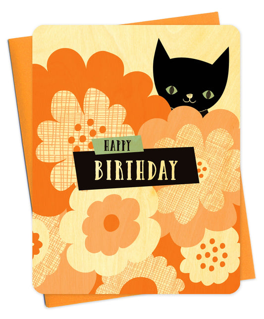 Wood birthday card with black cat and floral design. Shown with an orange envelope.