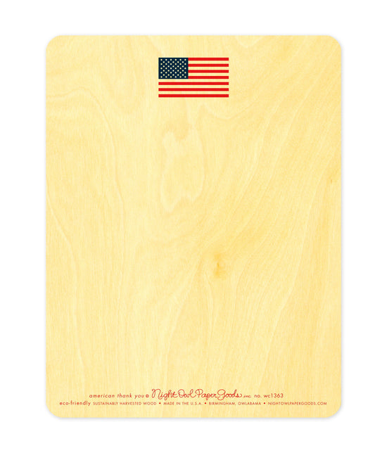 Back of American Thank You wood card, which features a small American Flag at the top and space beneath for a handwritten personal greeting. Along the bottom is the company logo and text that reads "eco-friendly sustainably harvested wood - made in the usa - birmingham, owlabama - nightowlpapergoods.com"