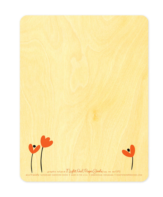 Back of Graphic Tulips wood thank you card, which is predominantly blank for a handwritten personal greeting. Along the bottom are small tulip designs, the company logo and text that reads "eco-friendly sustainably harvested wood - made in the usa - birmingham, owlabama - nightowlpapergoods.com"