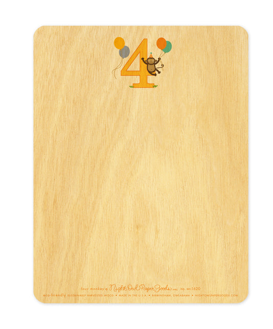 Back of Four Monkey birthday wood card made from wood. Features a number 4, a monkey with balloons and space to write a personal greeting. Along the bottom is the company logo and text that reads "eco-friendly sustainably harvested wood - made in the usa - birmingham, owlabama - nightowlpapergoods.com"