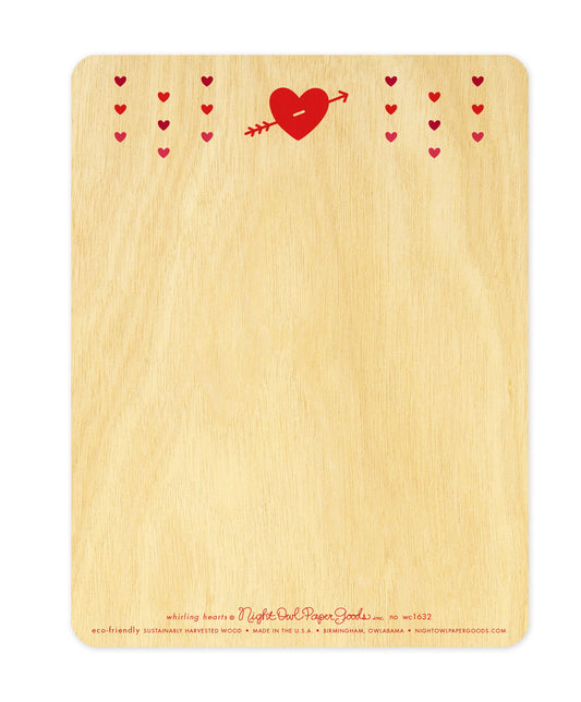 Back of Whirling Hearts wood card, which features small hearts at the top and plenty of space to write a personal greeting. Along the bottom is the company logo and text that reads "eco-friendly sustainably harvested wood - made in the usa - birmingham, owlabama - nightowlpapergoods.com"