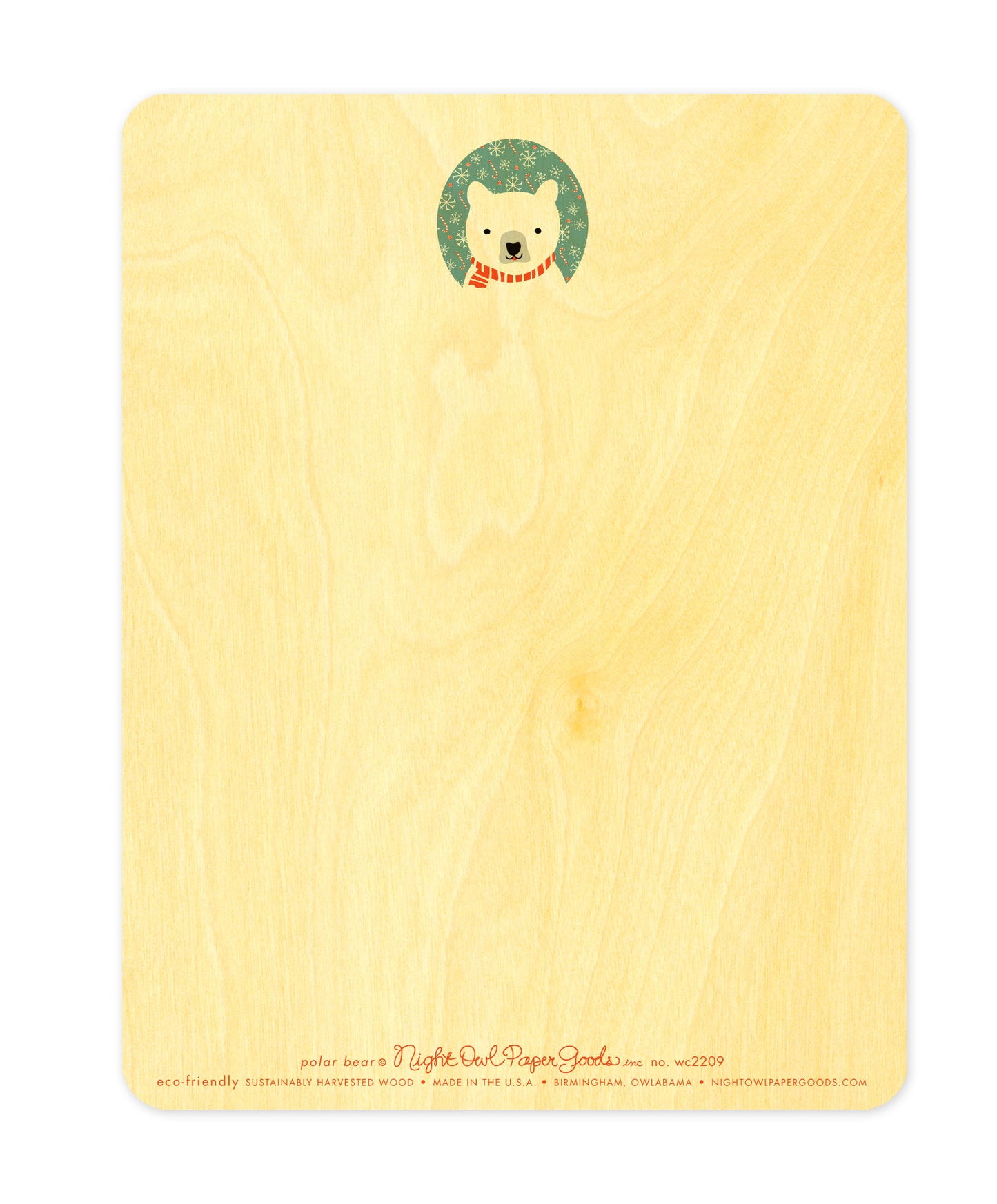 Back of Polar Bear wood holiday card, which features a small polar bear design at the top and space for a handwritten message. Along the bottom is the company logo and text that reads "eco-friendly sustainably harvested wood - made in the usa - birmingham, owlabama - nightowlpapergoods.com"
