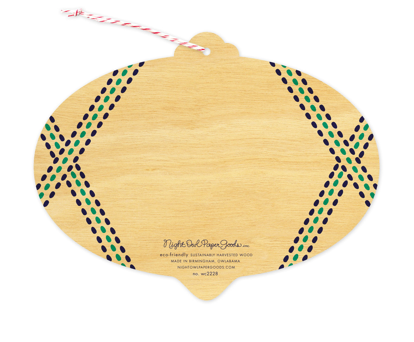 Back of Goodwill Gingham holiday ornament card, which is die-cut in the shape of a bulb and features dotted line design elements on the sides and space to write a personal greeting. Along the bottom is the company logo and text that reads "eco-friendly sustainably harvested wood - made in birmingham, owlabama - nightowlpapergoods.com"