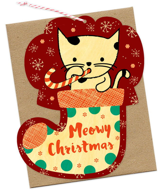 Photo of Kitty Stocking Wood Ornament Cards & Enamel Pin Set