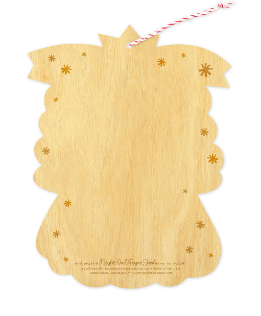 Back of Mod Angel wood ornament holiday card, which is die-cut in the shape of an angel and features gold star design elements on the sides and space to write a personal greeting. Along the bottom is the company logo and text that reads "eco-friendly sustainably harvested wood - made in birmingham, owlabama - nightowlpapergoods.com