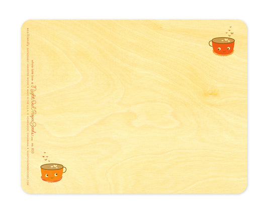 Back of Latte Love wood card, which features a small version of the front design in two of the corners and plenty of space to write a personal greeting. The company logo and text that reads "eco-friendly sustainably harvested wood - made in the usa - birmingham, owlabama - nightowlpapergoods.com" runs along the left side