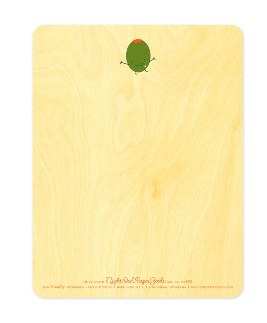 Back of Olive You wood love card, which features a small version of the front design at the top and plenty of space to write a personal greeting. Along the bottom is the company logo and text that reads "eco-friendly sustainably harvested wood - made in the usa - birmingham, owlabama - nightowlpapergoods.com"