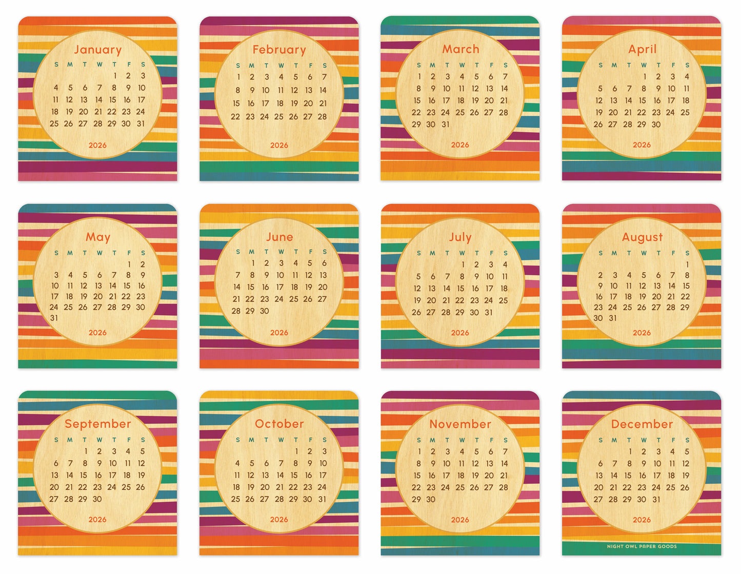 2026 Rainbow Stripes 12-Month Mini Wood Desk Calendar