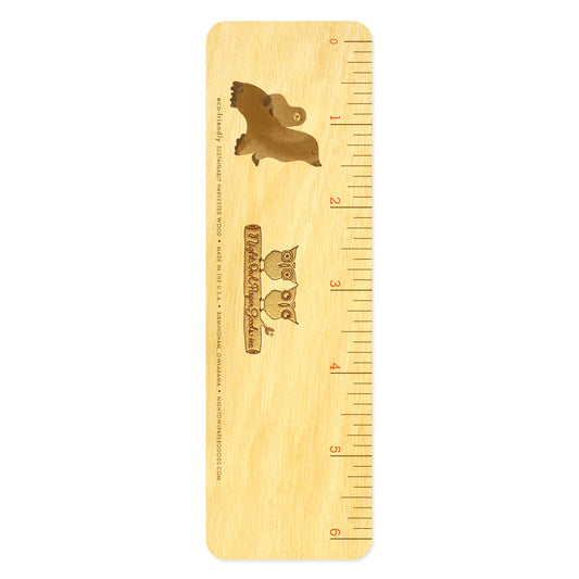 Back side of wooden sea lions bookmark features 6 inch ruler measurements
