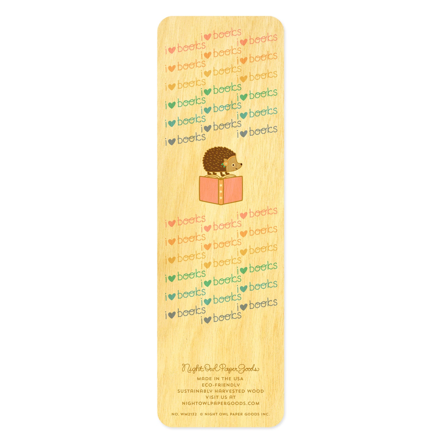 Back side of hedgehog bookmark with cute illustration of hedgehog standing on the top of a pink book. Pastel pattern with text reads 'I heart books'.
