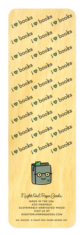 Back side of bookmark with pattern that reads ' I heart books' and cute book with smiling face.