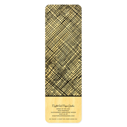Back side of wood bookmark with black crosshatch pattern