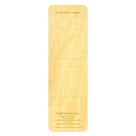 Back side of Sunny Camp wood bookmark features text 'My Favorite Things' and lines to write on.