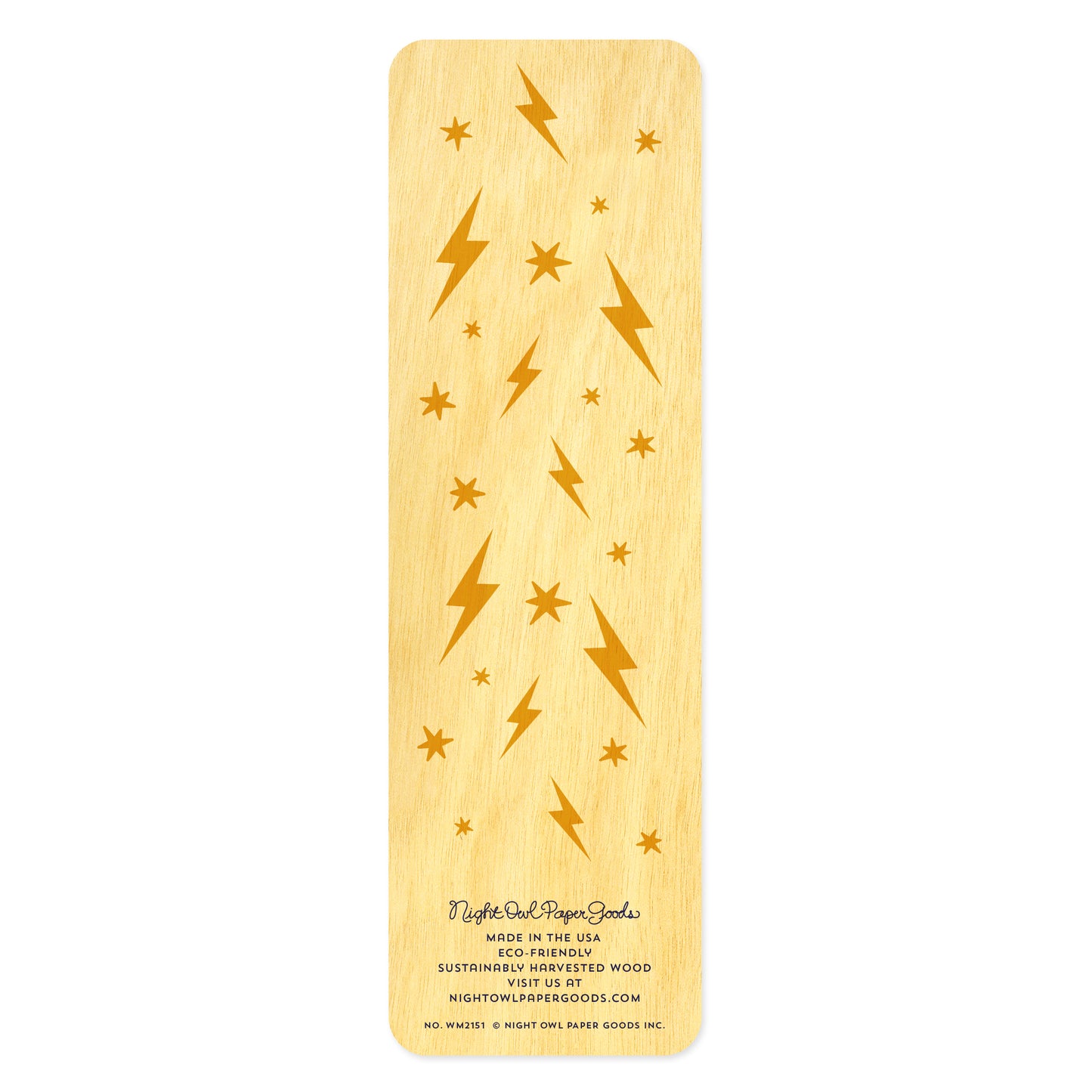 Back side of wooden bookmark with lightning bolt and star patterns on a white background