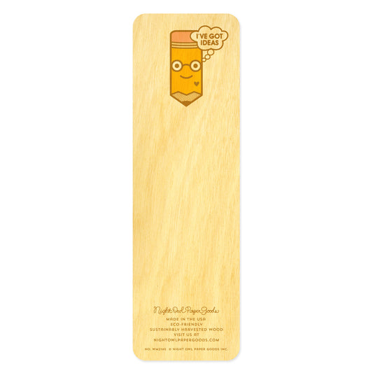 Back of wooden bookmark featuring yellow happy pencil