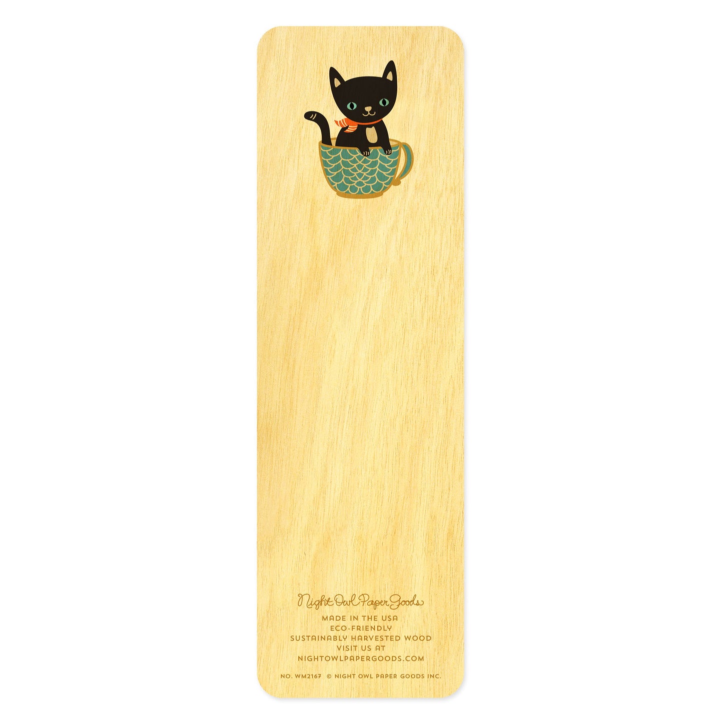 Back side of wooden bookmark with a black cat in cup