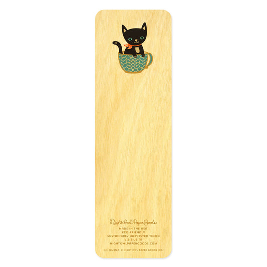 Back side of wooden bookmark with a black cat in cup